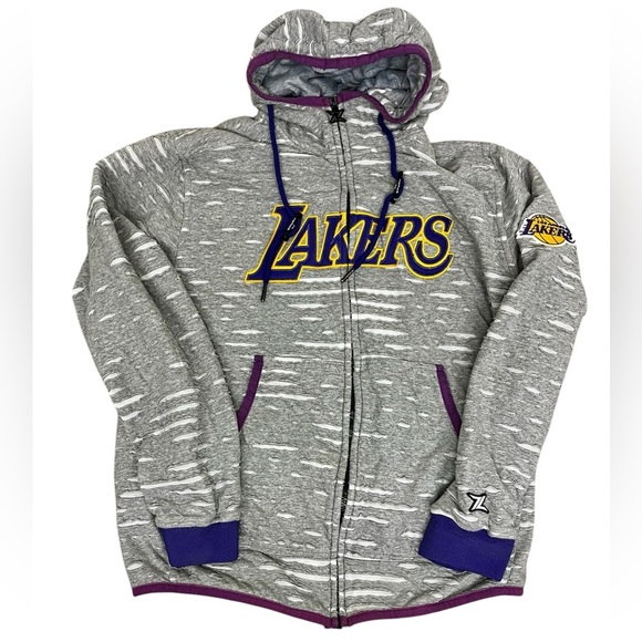 NBA Lakers Zipway Hoodie Mens Large Gray Cotton Distressed Torn Sportswear - Picture 1 of 6